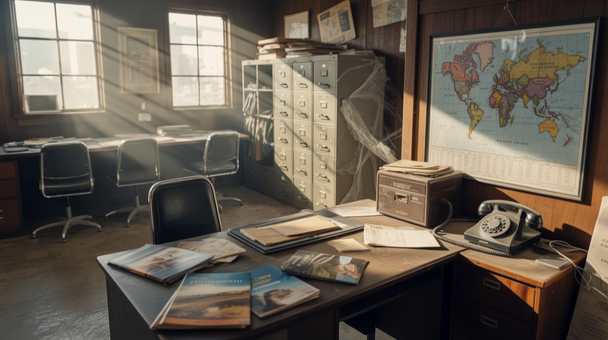 A travel agent's office that hasn't been used in years, filled with cobwebs and dust.
