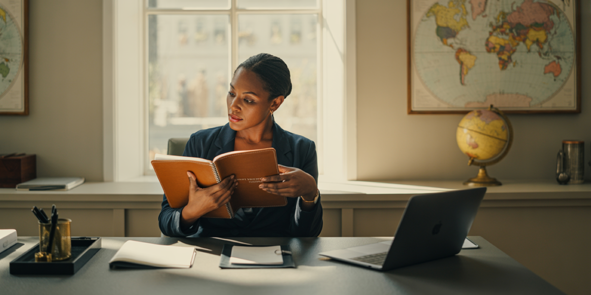 A woman sitting at her desk, training to become a luxury travel advisor.