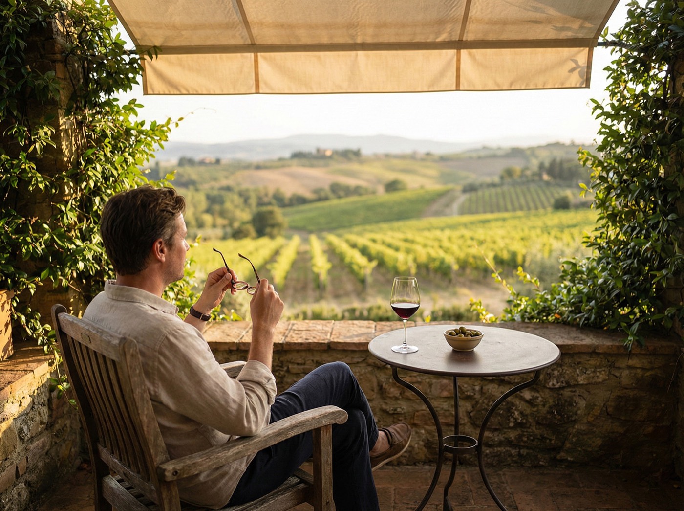 Traveler enjoying a quiet moment overlooking a wine region, reflecting the meaning of thoughtful, intentional luxury travel.