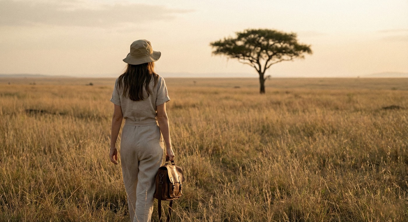 A quiet, thoughtful luxury travel moment during golden hour in Africa, reflecting the intention and meaning behind well-designed journeys.
