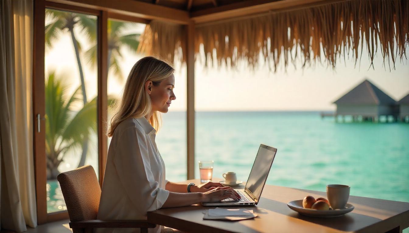 Woman on luxury hotel deck selling luxury travel.