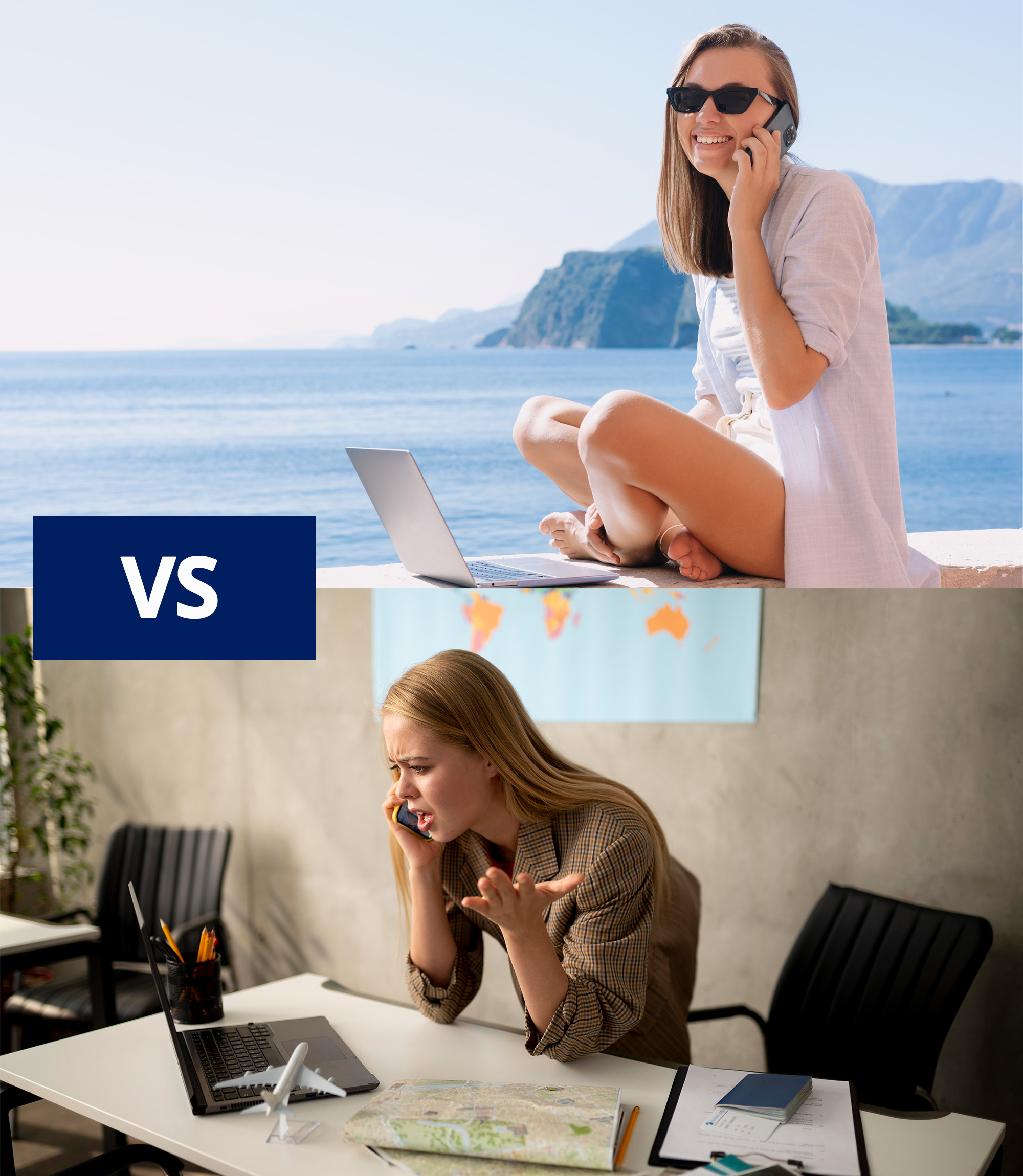 Comparing the difference between a relaxed Luxury Travel Advisor and a stressed Travel Agent.