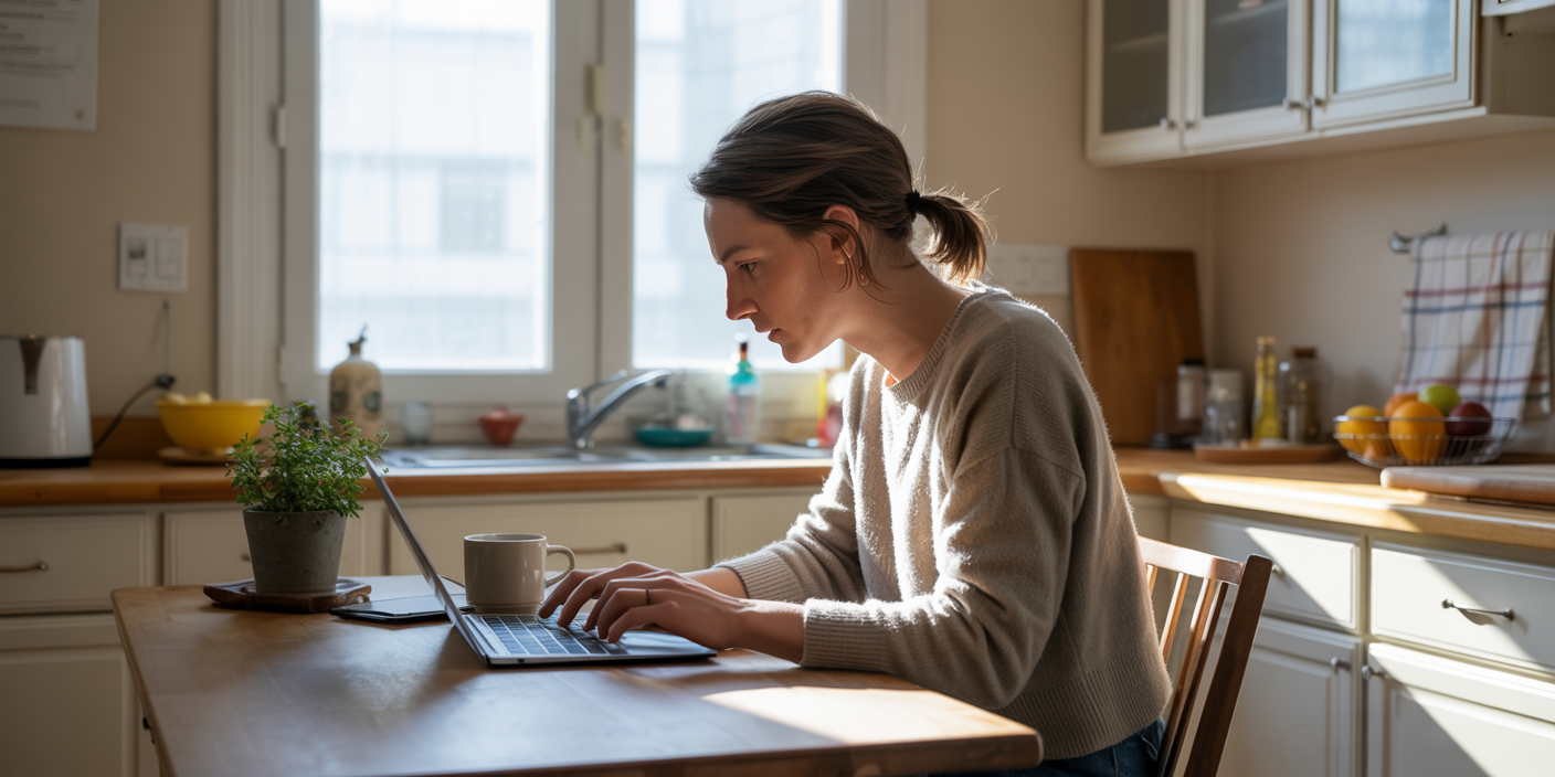 A woman sitting at her kitchen table with her laptop.